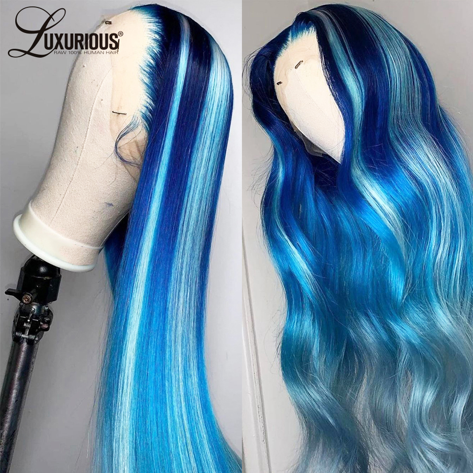 Long Soft Blue Lace Front Human Hair Wigs For Women Straight HD Transparent Lace Frontal Wig Synthetic Front Lace Wig PrePlucked