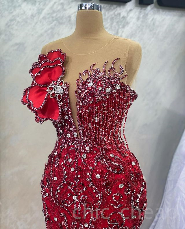 2023 Aso Ebi Mermaid Red Prom Dress Beaded Crystals Sexy Evening Formal Party Second Reception Birthday Engagement Gowns Dresses Robe De Soiree ZJ5816