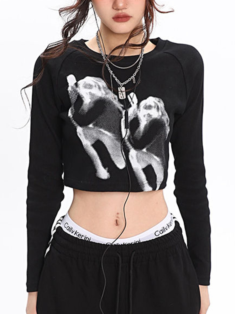 Womens TShirt Y2K Vintage Print T Shirt Women Spring Long Sleeve O Neck Crop Top Korean Fashion Solid Color Ribbed Skinny Slim Tees Streetwear 230419