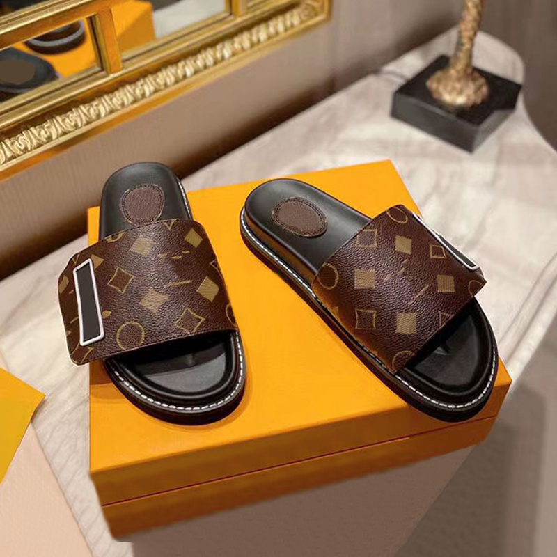With Box Designer women shoes Magic Tape Slippers Leather Flat Mules black white brown Luxury womens summer knurling Outdoor Rubber sole Slide Sandals size 35-40, 03 brown
