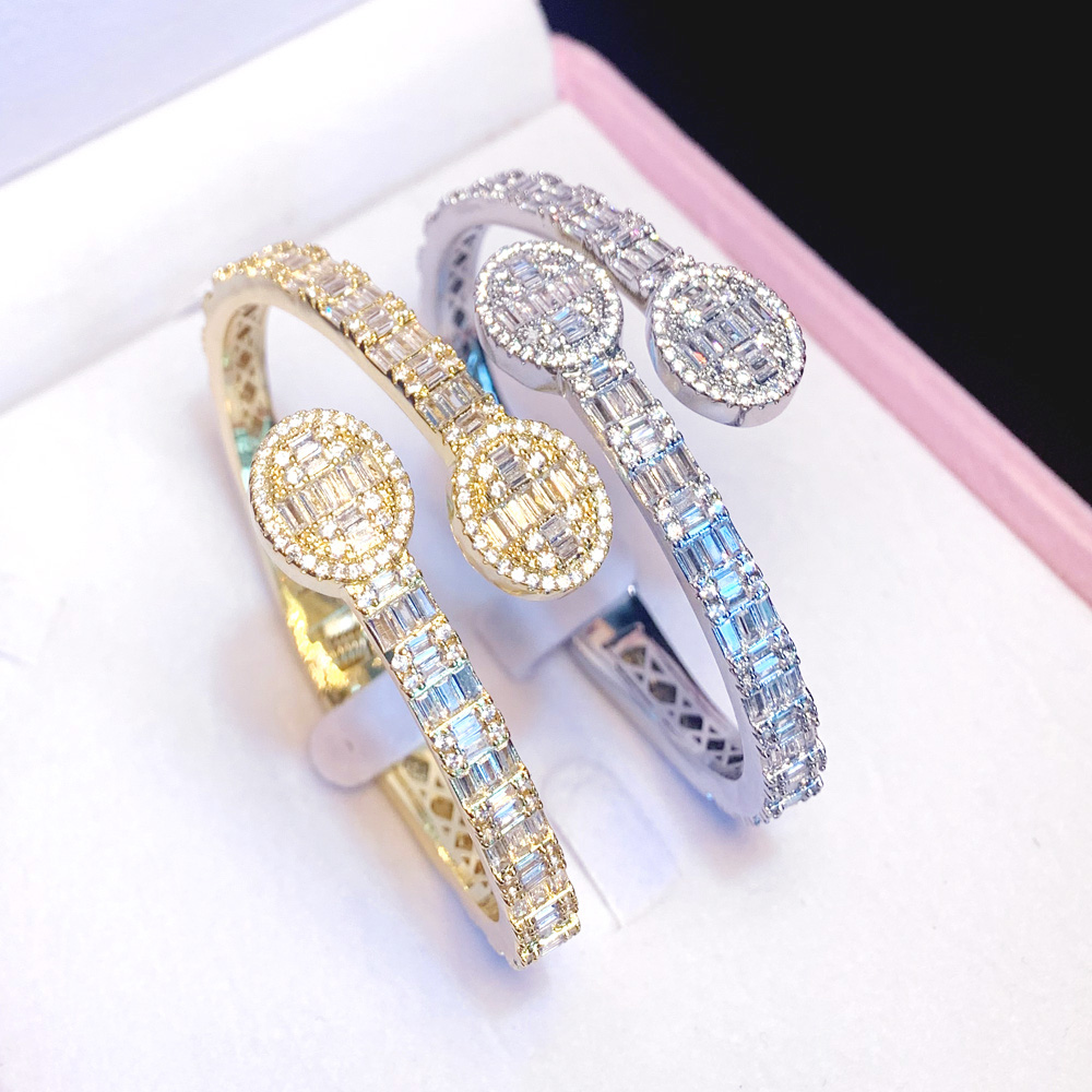 fashion Sparking CZ Custom Opened Oval Charm Bangle Bracelet Iced Out Silver gold Color Luxury Jewelry for Women Men wholesale