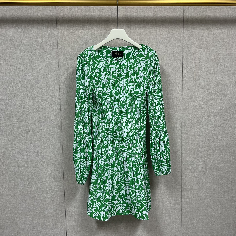 Casual Dresses Maje French Style green Dress Silhouette Floral Printed Pleated Dress for Women