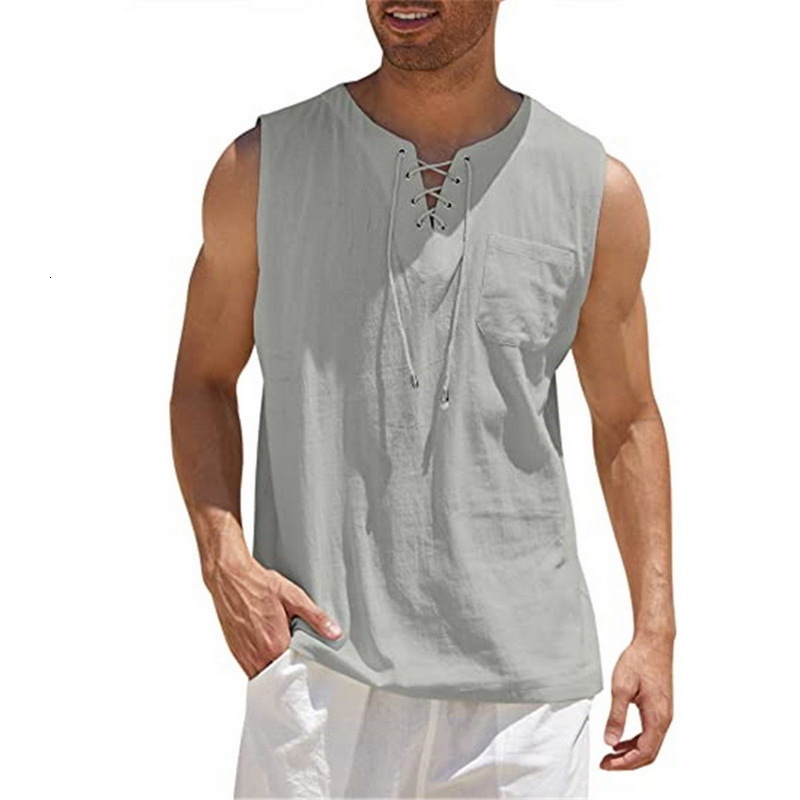 Men's Tank Tops Fashion Mens Summe Tank Tops Cotton Linen Casual Sleeveless Tops Loose Lace Up V-Neck Pocket Tees Shirts Male Streetwear 230419