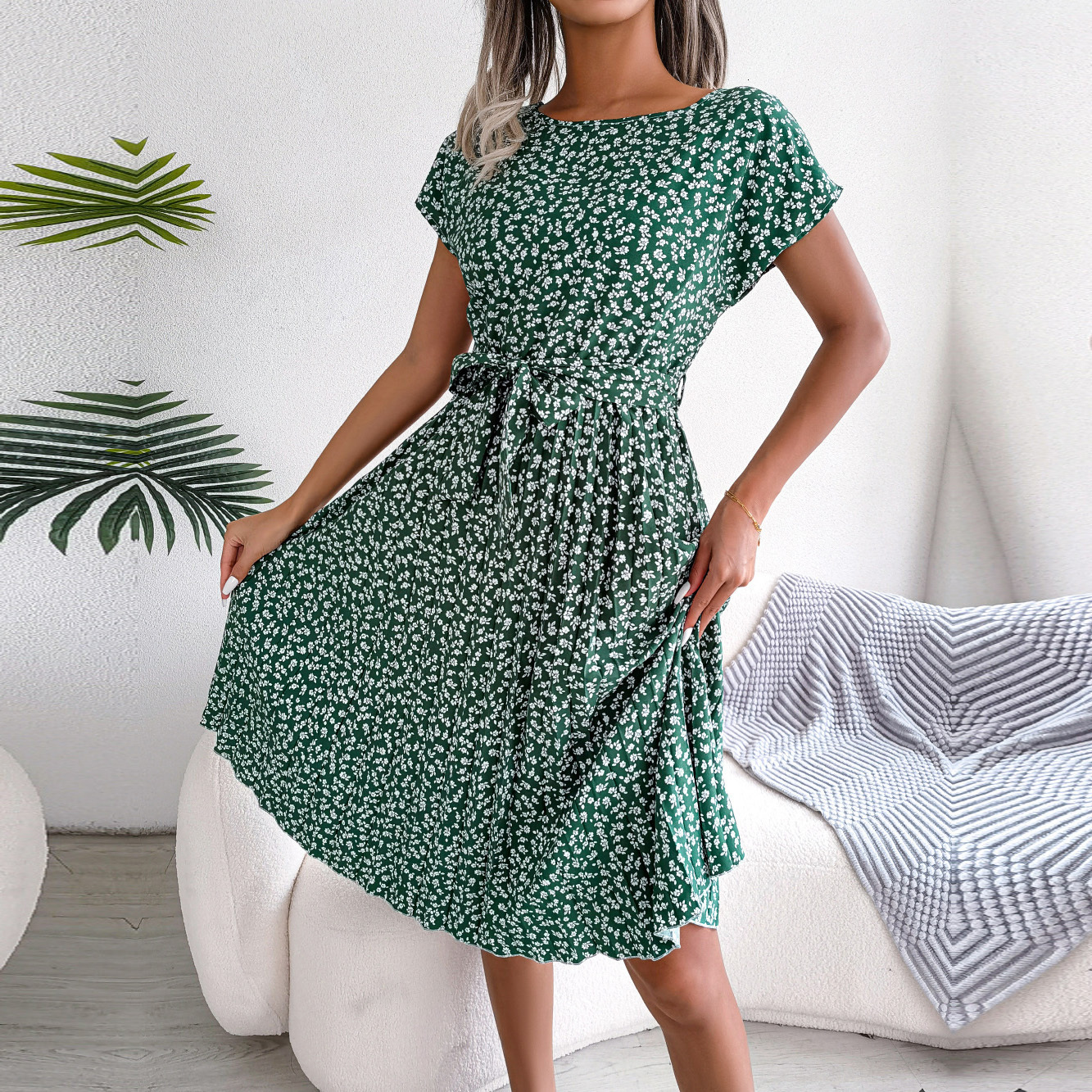Casual Dresses F Fashion Floral Pleated A Line Long Dress Women Spring Summer Short Sleeve High Waist Chic Dress 230419