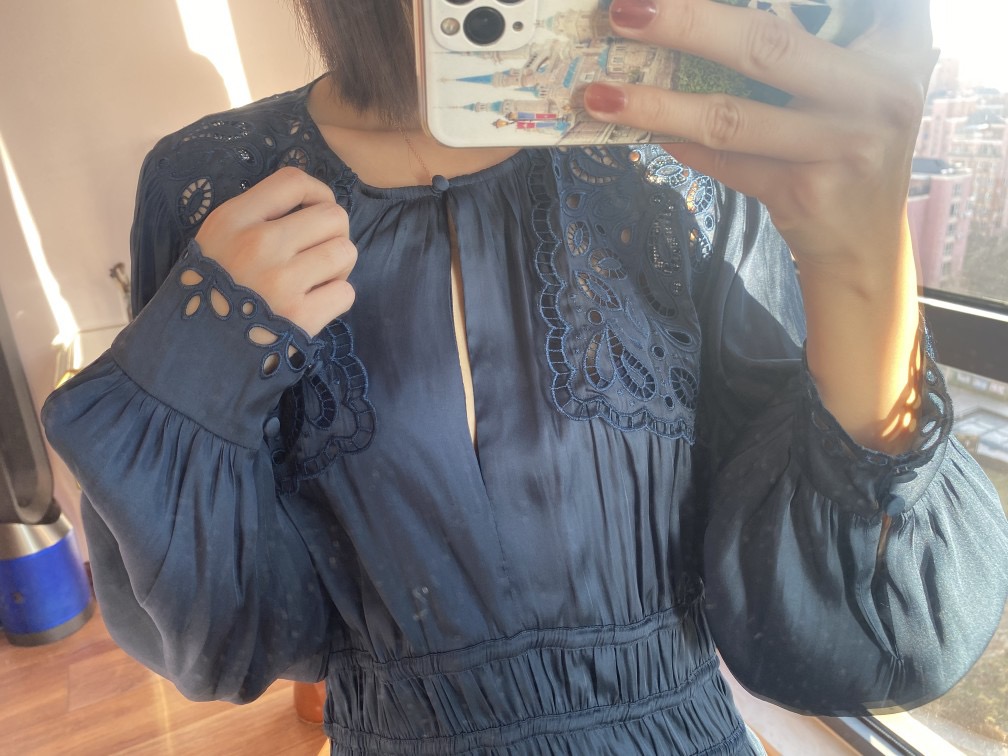 Casual Dresses Maje Round Neck Hollowed out Dress Long Sleeves Blue Short Dress for Women