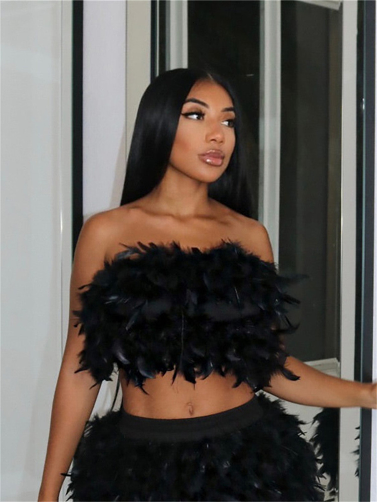 Feather 2 Piece Dress Set | Sexy Strapless Crop Top And Skirt Club Outfit
