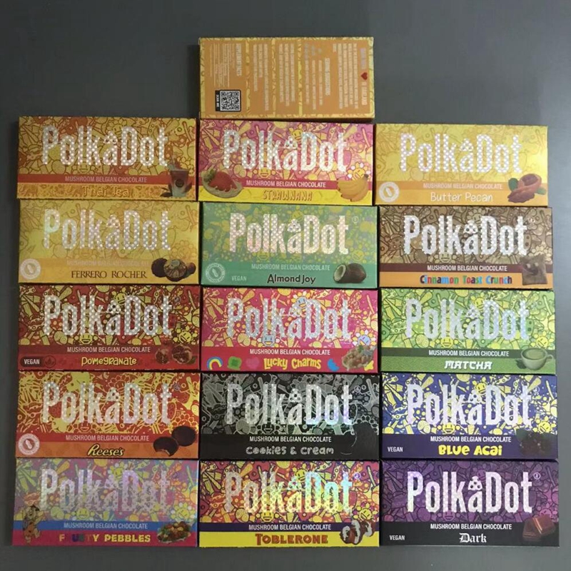 16 types PolkaDot chocolate Packaging Boxes Colorful Blue Acai Mushroom Belgian Chocolate Box Dark mushroom chocolate bar polka dot package Reese shrooms bars
16 types PolkaDot chocolate Packaging Boxes Colorful Blue Acai Mushroom Belgian Chocolate Box Dark mushroom chocolate bar polka dot package Reese shrooms bars