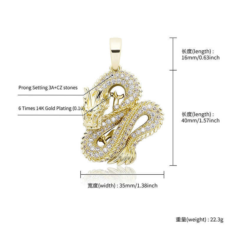 Wolf Tide Jewelry Chinese Style True Dragon Pendant Necklace Full Cubic Zirconia Animal Iced Out Real Gold Electroplated Personalized Hip Hop Necklace
