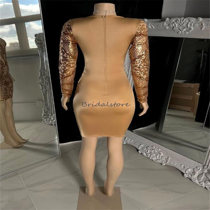 Glitter Short Sequin Prom Dress Gold 2023 Sexy V Neck Long Sleeve Cocktail Party Dresses Elegant Black Girls Graduation Evening Wear Homecoming Gradua