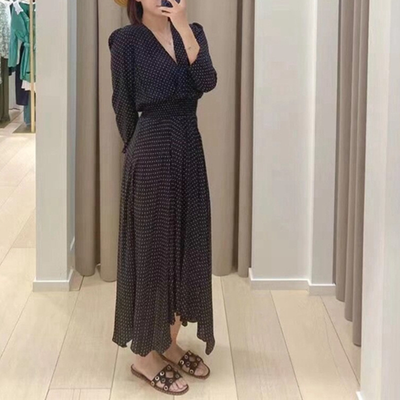 Casual Dresses Maje French Style Long Dress Polka Dot Long Sleeves Dress V-neck for Women