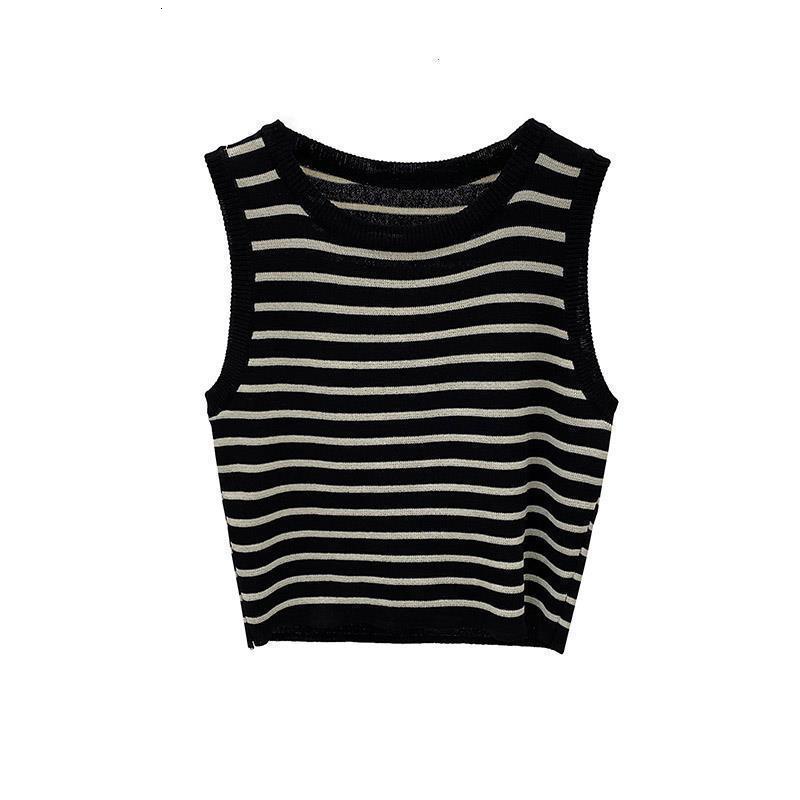 Women's Tanks Camis Striped Knitted Cropped Tank Tops Summer Women Round Collar Sleeveless Slim Stretch Knitwear Vests NFFS 28308 230419