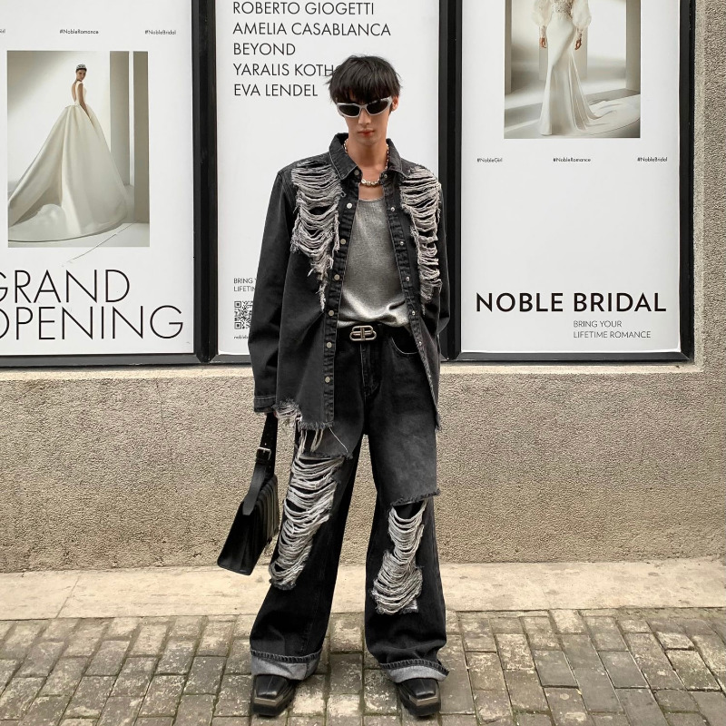 Mens Jeans Ripped Men Spring Vintage Trend High Street Harajuku Hip Hop Wide Leg Pants Ins Korean Fashion Casual Baggy 230419