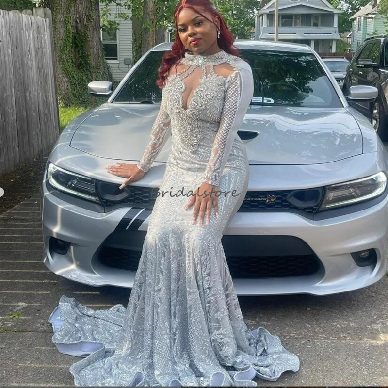 Luxury Sequin Aso Ebi Prom Dress For Black Girls Sparkly Long Sleeve Mermaid Plus Size Evening Dresses Birthday Formal Occasion South African vestidos