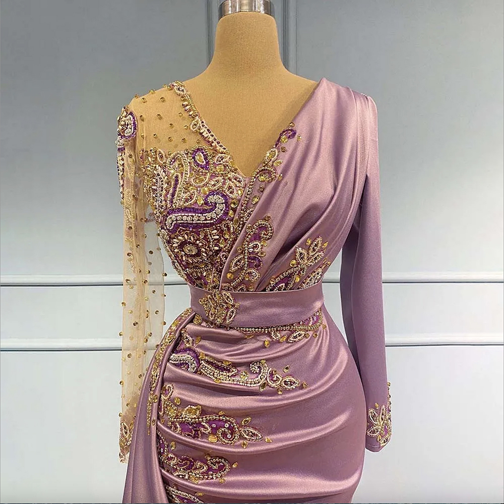 Light Purple Mermaid Evening Dresses Sheer V Neck Appliqued Beaded Long Sleeve Formal Prom Party Second Reception Special Ocn Gowns 0509