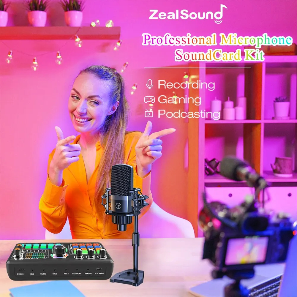 Microphones Zealsound Professional Podcast Microphone SoundCard Kit for PC Smartphone Laptop Computer Vlog Recording Live Streaming 231117