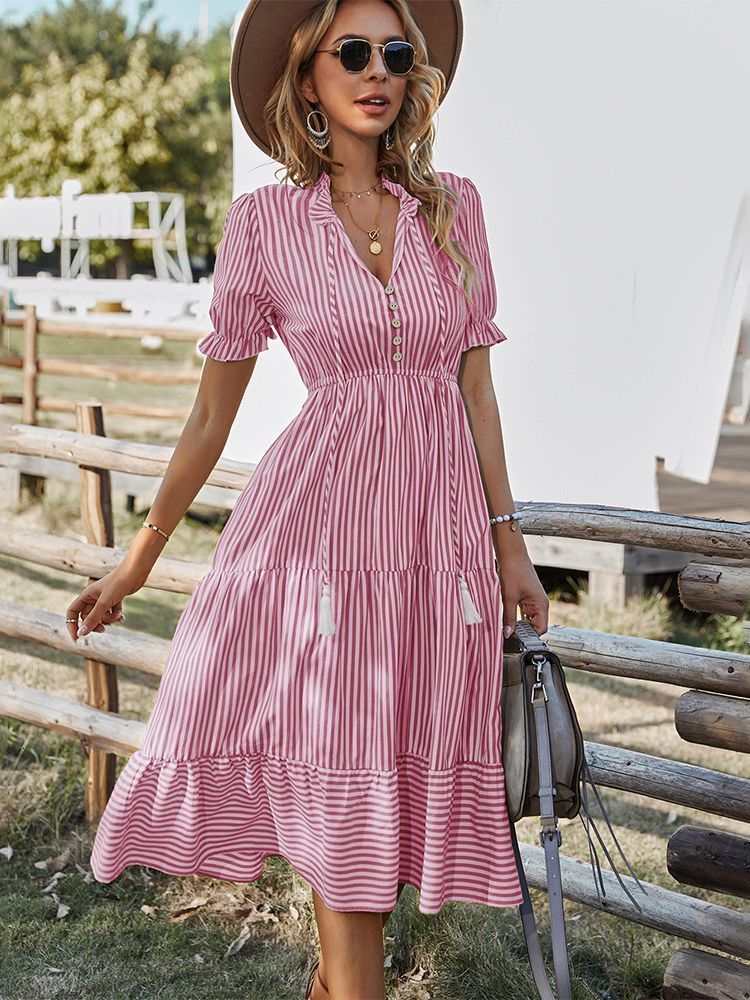Casual Dresses Women Elegant Striped Lantern Sleeve Summer Dress Causal V-neck Button Ruffles Midi Dress Women Beach Holiday Party Dress 230419