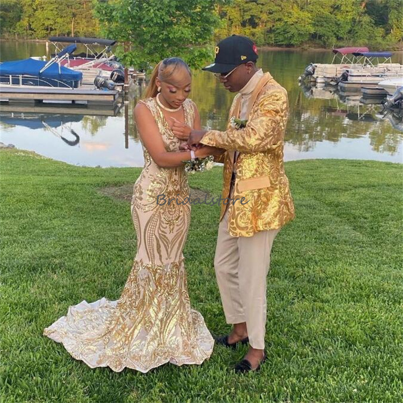 Sparkly Gold Sequin Prom Dress 2023 Sexy V Neck Mermaid Long Red Evening Gowns Elegant Formal Occasion Night Birthday Women Party Wear Luxury Vestidos