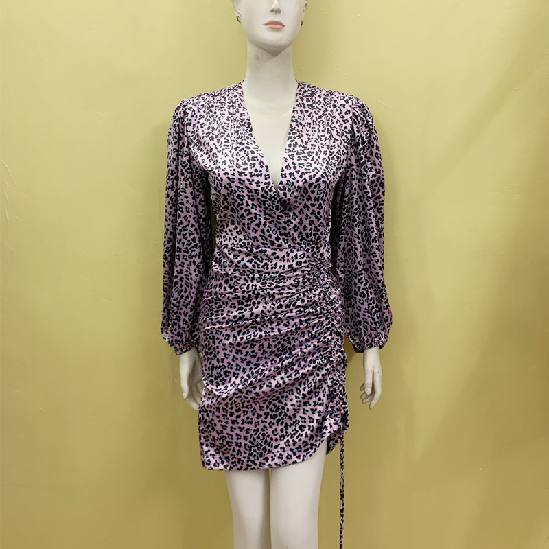 Casual Dresses Maje V-neck 3/4 Sleeves Dress Draped Leopard-print Short Dress for Women