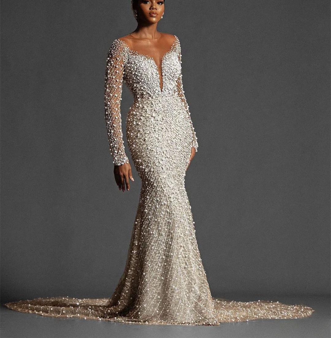Mermaid Wedding Exquisite Dresses Long Sleeves V Neck Appliques Sequins Ruffles Lace Pearls Or Length Dias Bridal Gowns Custom Made Abiti Da Sposa