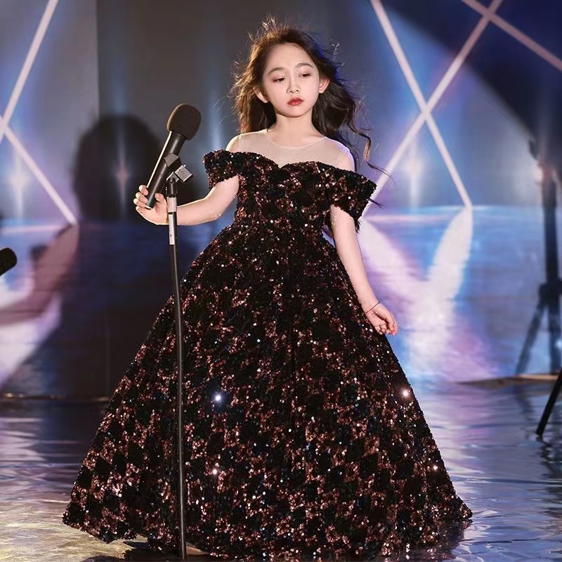 2023 sequined Flower Girl Dresses With Gold Vintage Wedding Party Tutu Kids Birthday party Dresses Kids Girls Pageant Dress off shoulder First Communi