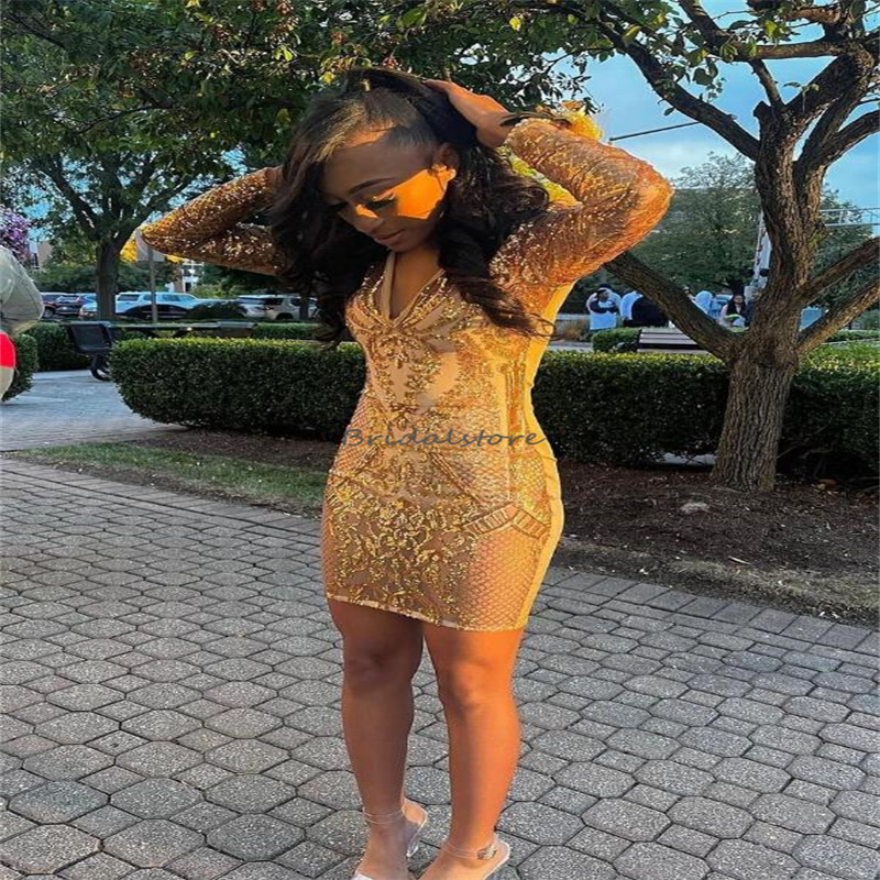 Glitter Short Sequin Prom Dress Gold 2023 Sexy V Neck Long Sleeve Cocktail Party Dresses Elegant Black Girls Graduation Evening Wear Homecoming Gradua