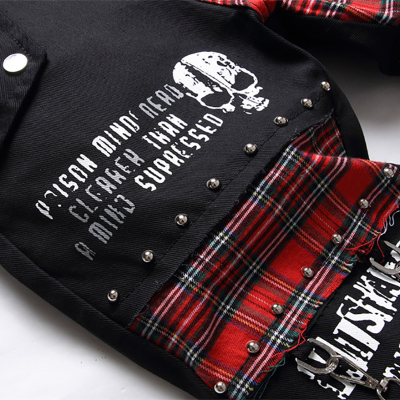 Mens Jeans Scotland Red Plaid Tartan Patchwork Punk Rivet Patch Black Denim Pants Skull Letters Printed Slim Straight Trousers 230419