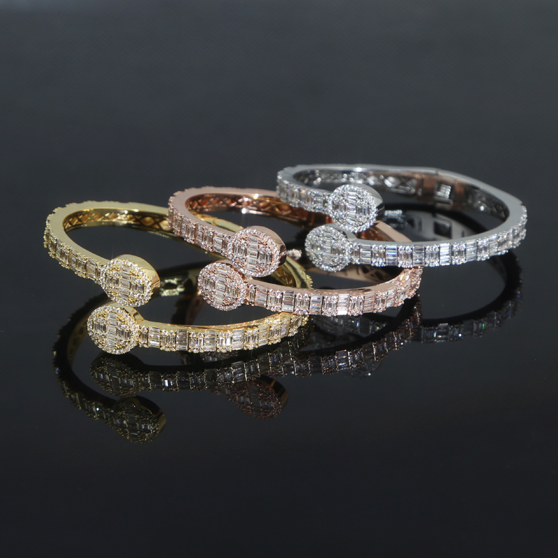 fashion Sparking CZ Custom Opened Oval Charm Bangle Bracelet Iced Out Silver gold Color Luxury Jewelry for Women Men wholesale