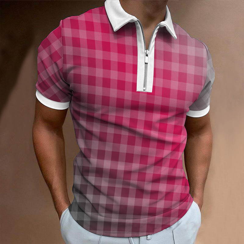 Mens Tracksuits Summer Plaid Print Zipper Polo Shirt Short Sleeve T Shorts 2piece Set Causal shorts Streetwear Men Casual Tracksuit 230418