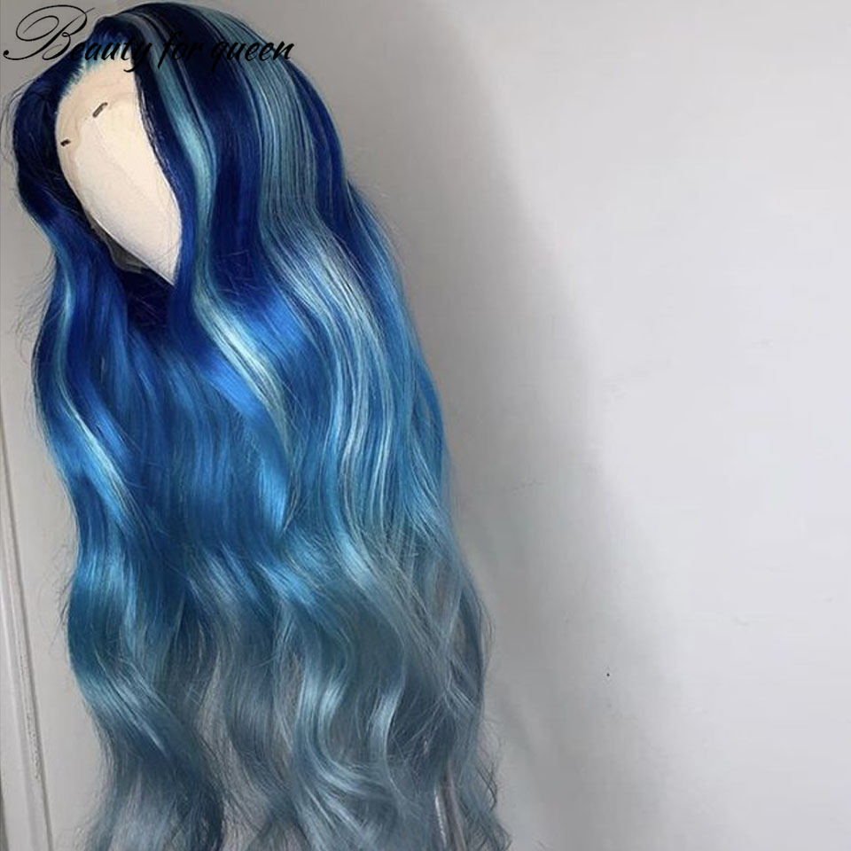 Long Soft Blue Lace Front Human Hair Wigs For Women Straight HD Transparent Lace Frontal Wig Synthetic Front Lace Wig PrePlucked