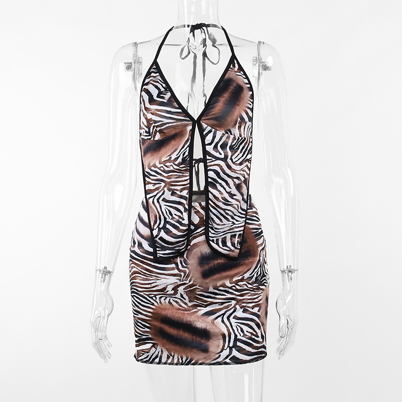 Two Piece Dress Print Set SexyHalter Cut Out Backless Lace Up CamisoleHigh Waist Pencil Mini Skirt Outfits For Women 2023 Summer 230419