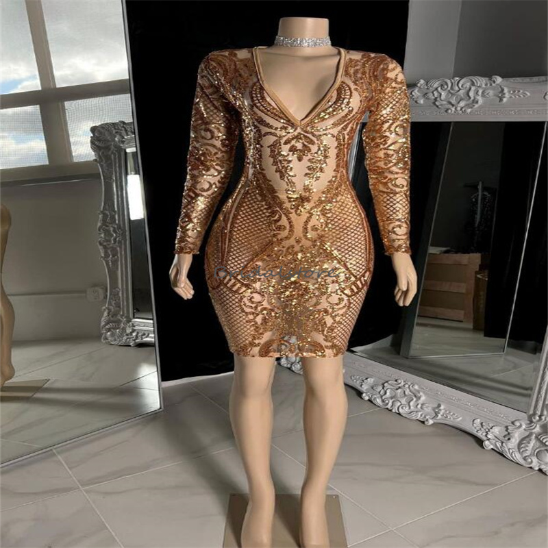 Glitter Short Sequin Prom Dress Gold 2023 Sexy V Neck Long Sleeve Cocktail Party Dresses Elegant Black Girls Graduation Evening Wear Homecoming Gradua