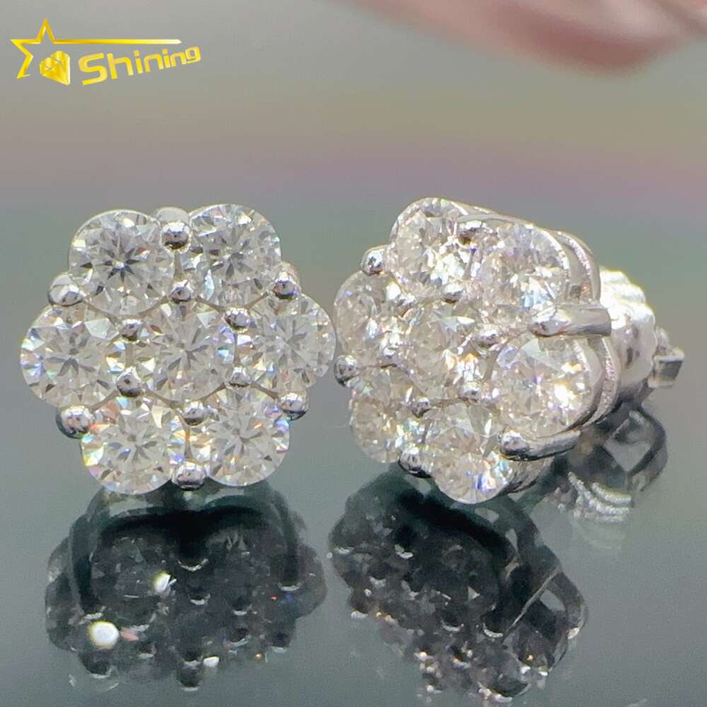 Iced out cluster lab dia screw back sier flower vvs moissanite stud earrings for men women
