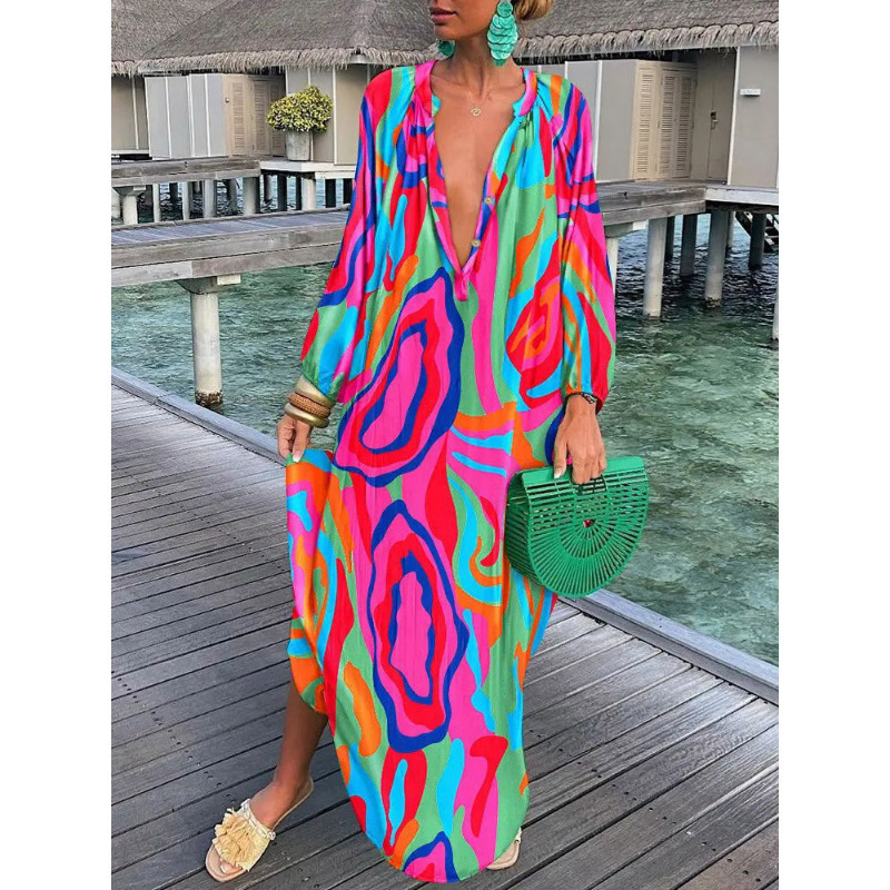 Casual Dresses Women Sexy Deep V-Neck Maxi Dresses Bohemian Lantern Sleeve Printed Long Dress Female Vintage Holiday Loose Beach Cover Up Robe 230419