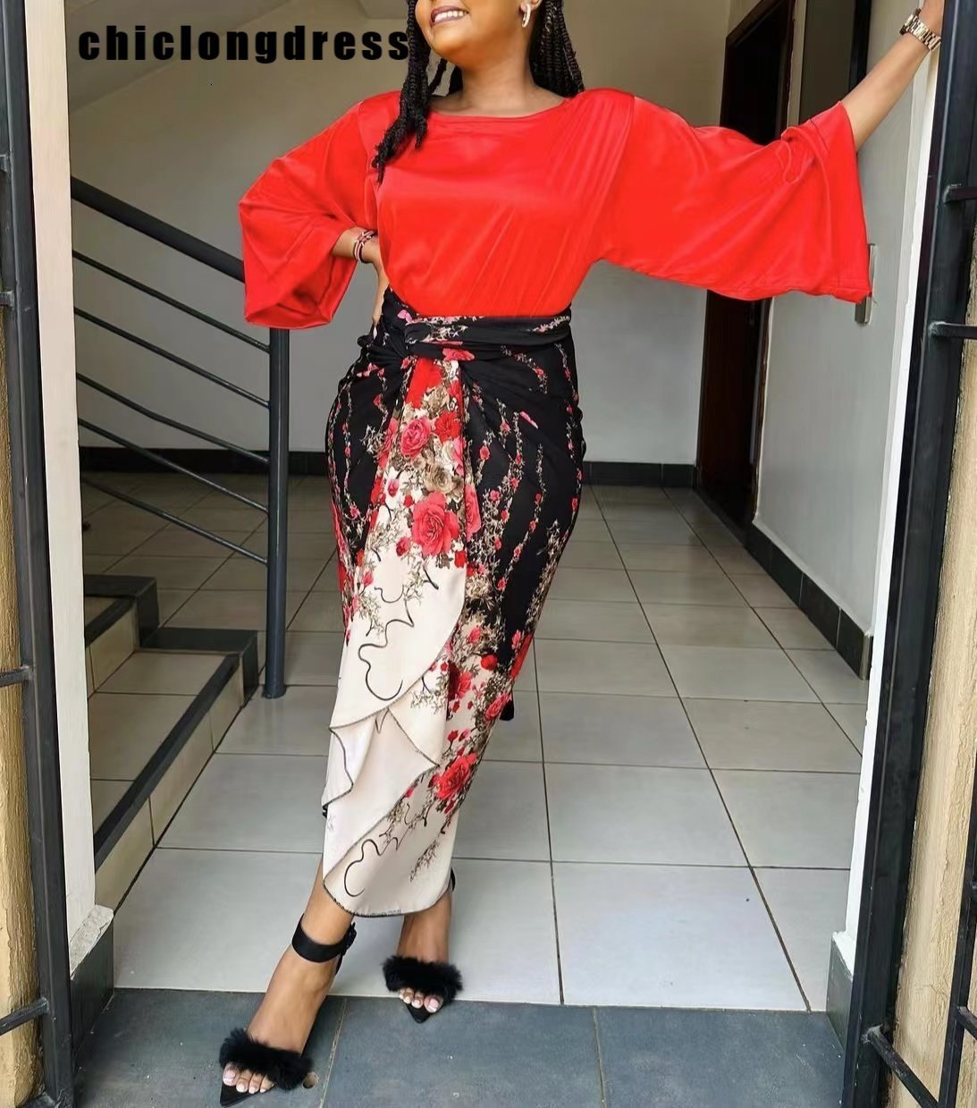 Two Piece Dress Summer Fashion Elegant Set African Women Casual Loose Flare Sleeve Tshirt Laceup Print 230419