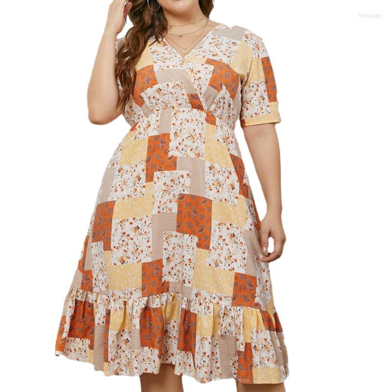 Plus Size Dresses Women Summer Mini Dress 2023 V-neck Short-sleeved High Waist Party Club Elastic