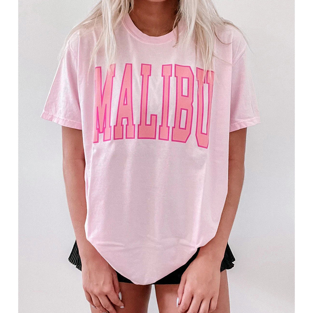 Womens TShirt Malibu Women Pink Short Sleeve T shirts Retro Style Loose Cotton Crewneck Summer Tops Tees Ins Fashion Letters Printing Shirts 230419