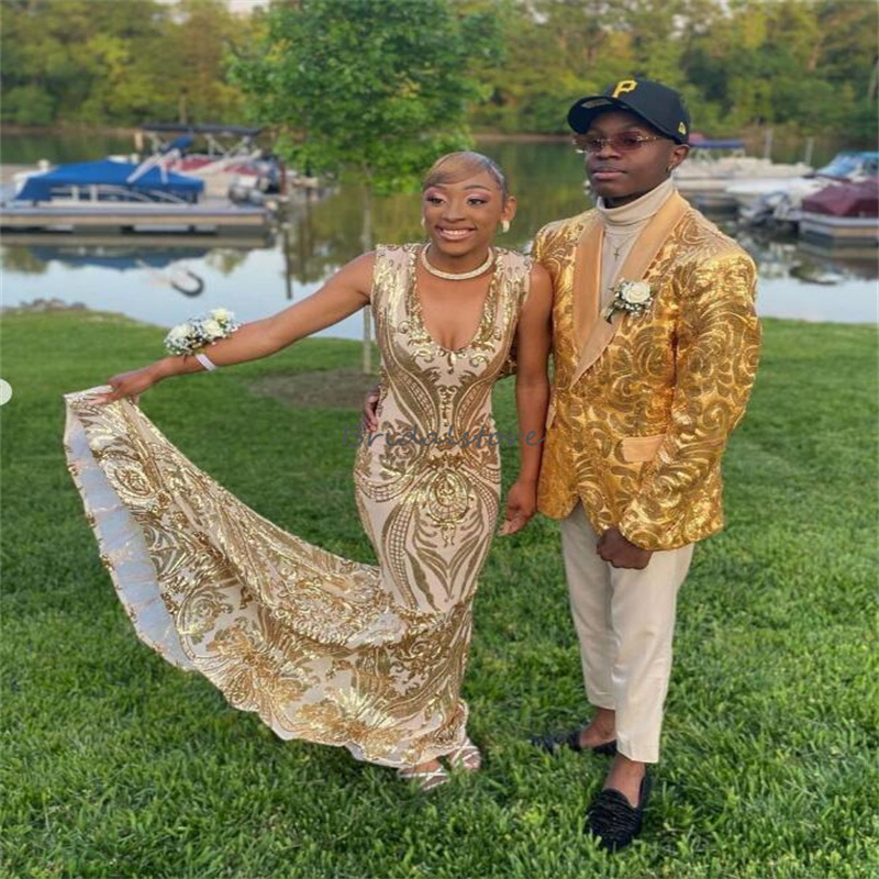 Sparkly Gold Sequin Prom Dress 2023 Sexy V Neck Mermaid Long Red Evening Gowns Elegant Formal Occasion Night Birthday Women Party Wear Luxury Vestidos