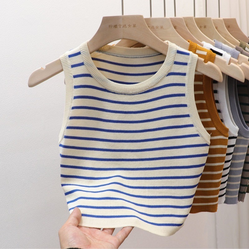 Women's Tanks Camis Striped Knitted Cropped Tank Tops Summer Women Round Collar Sleeveless Slim Stretch Knitwear Vests NFFS 28308 230419