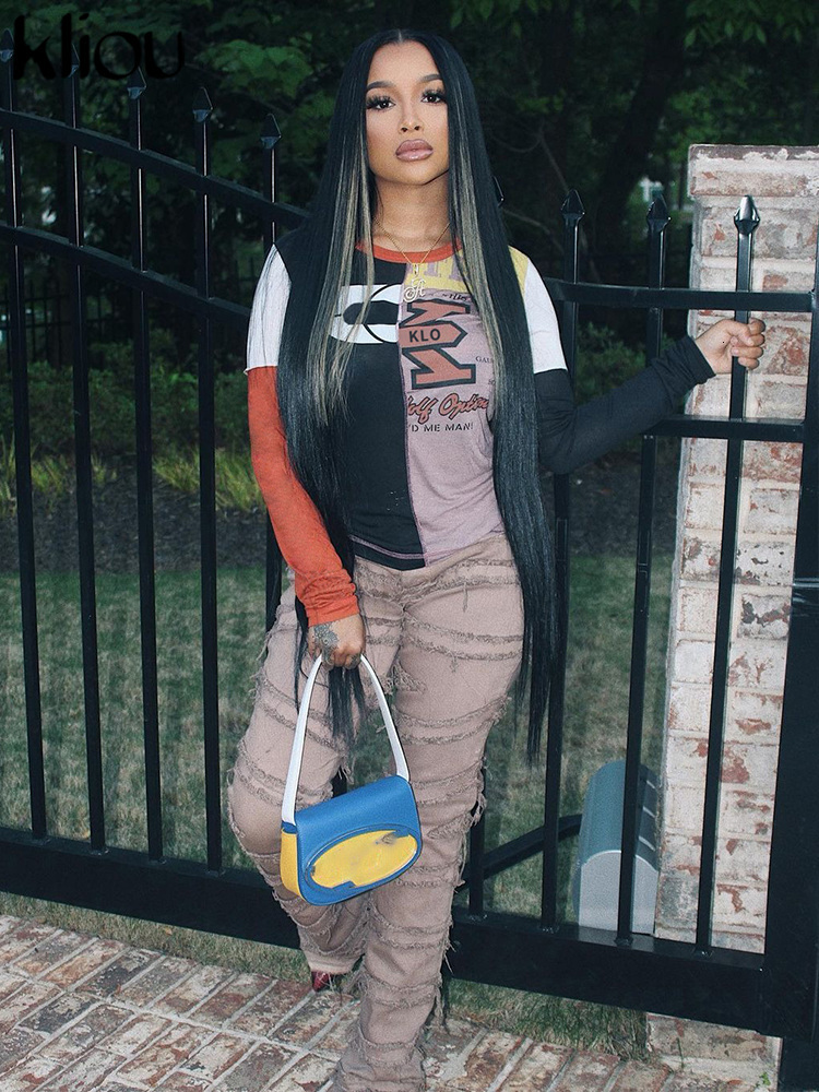 Womens TShirt Kliou Letter Print Patchwork Tshirt Women Casual Fashion Oneck Long Sleeve Skinny Color Match Early Autumn Classic Lady Tees 230419