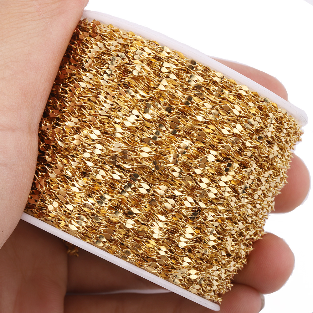 2mm Stainless Steel Flat Cable Chain Cool Chains, 5 Meters/Roll, Not Fade, Gold Lip Link Chain fit Pendant DIY Bracelet Necklace Jewelry Findings Maki