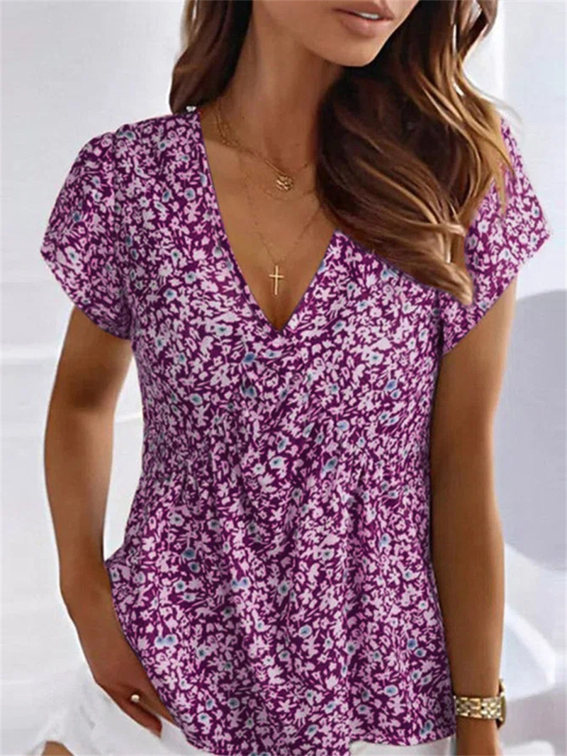 Womens TShirt Elegant Small Flower Print Deep V Neck Comfortable Casual Short Sleeve Tees Female Summer Fresh Sweet Style Tops 230419