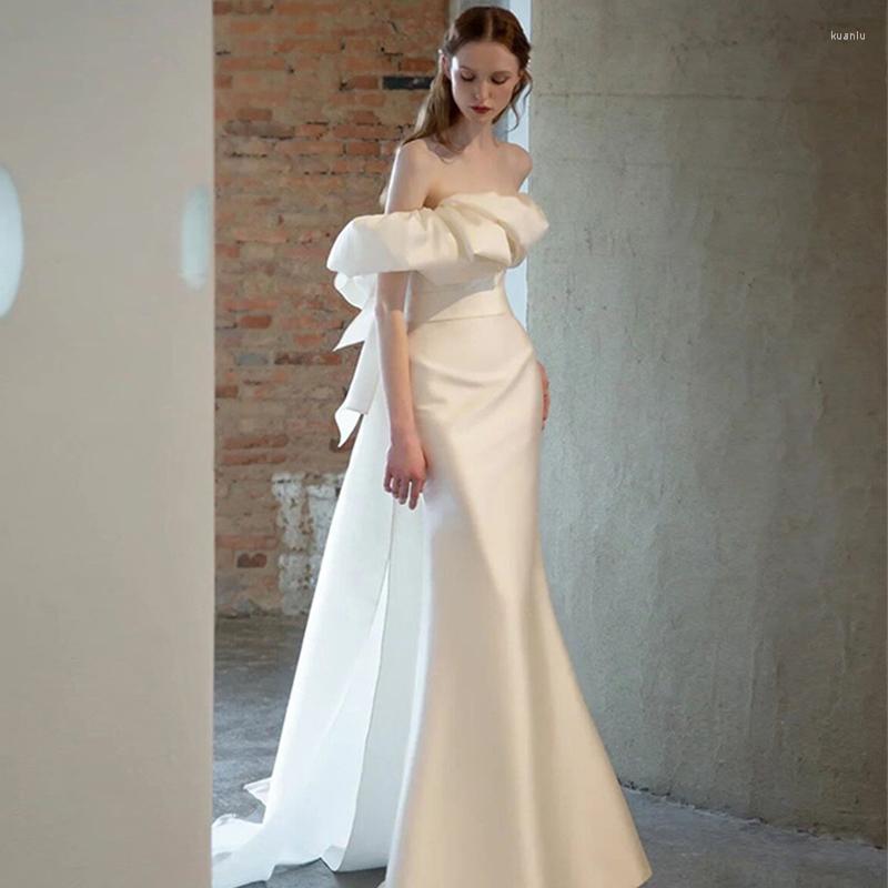 Casual Dresses White Sexy Slash Neck Evening Dress Tierred Bridal Wedding French Satin Mermaid Formal Party Women Chest Wrap