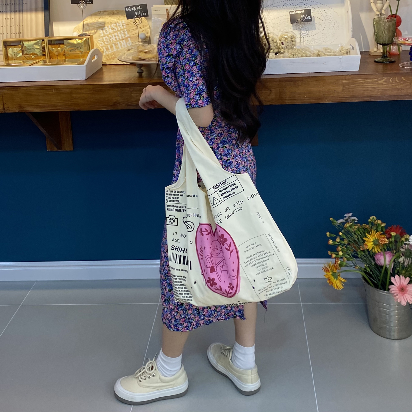 Evening Bags Cupid Women's Canvas Shoulder Bag Girls' Cotton Canvas Shopping Bag Eco Handbag Students' School Bag Women's Large Gr