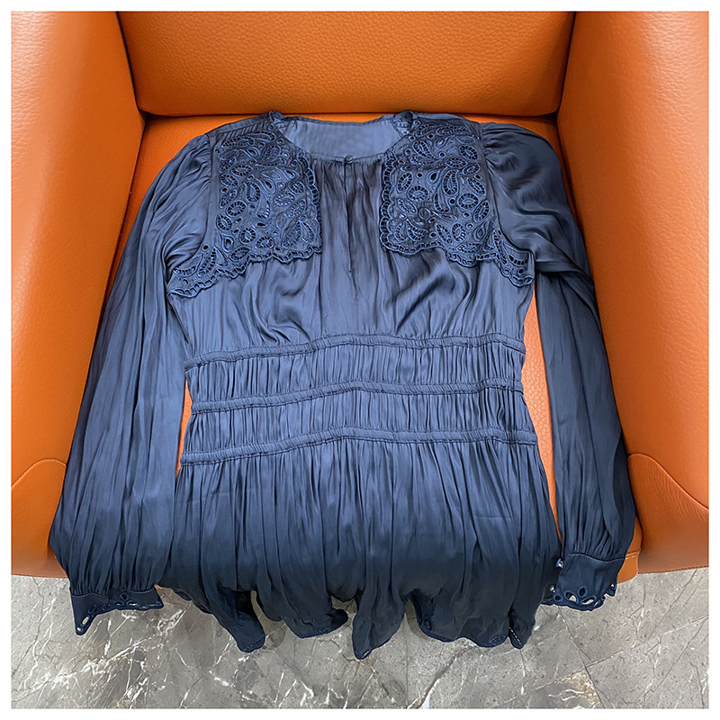 Casual Dresses Maje Round Neck Hollowed out Dress Long Sleeves Blue Short Dress for Women