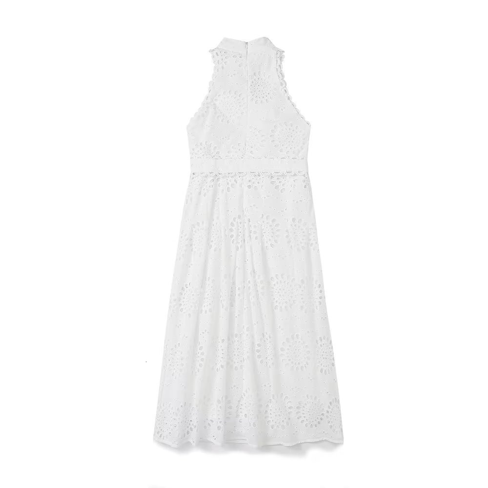 Casual Dresses Spring UNIZERA Women's Elegant Sleeveless Waist Decoration Belt Hollow Embroidery Midi 2292974 230419