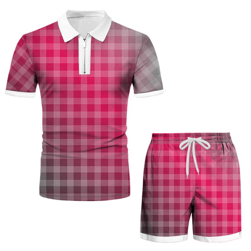 Mens Tracksuits Summer Plaid Print Zipper Polo Shirt Short Sleeve T Shorts 2piece Set Causal shorts Streetwear Men Casual Tracksuit 230418