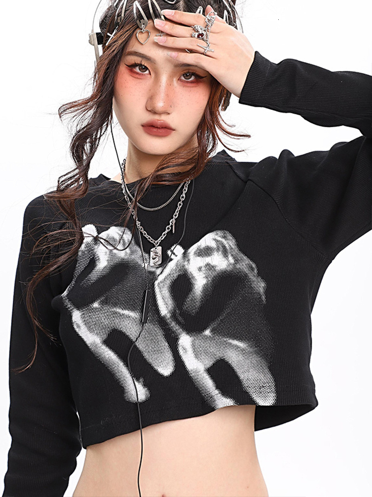 Womens TShirt Y2K Vintage Print T Shirt Women Spring Long Sleeve O Neck Crop Top Korean Fashion Solid Color Ribbed Skinny Slim Tees Streetwear 230419
