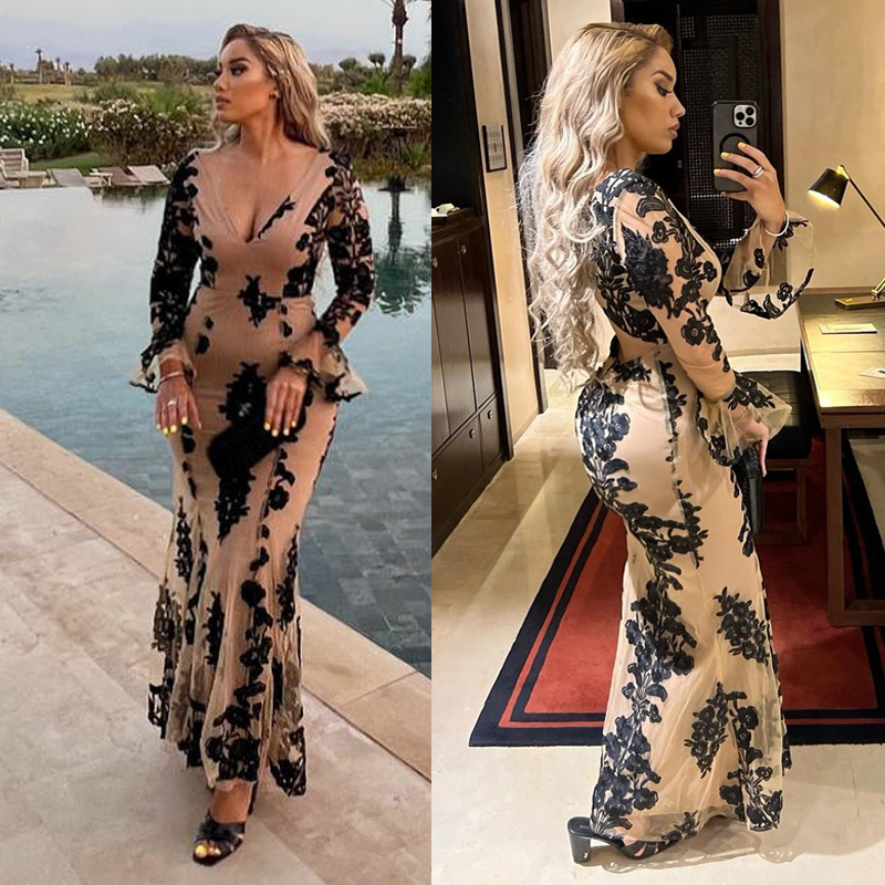 Black Lace Plus Size V-Neck Long Sleeves Mermaid Prom Evening Dress for African Women Beaded Sequined Formal Gown Birthday Pageant Dresses