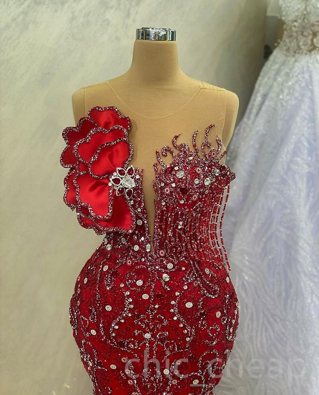 2023 Aso Ebi Mermaid Red Prom Dress Beaded Crystals Sexy Evening Formal Party Second Reception Birthday Engagement Gowns Dresses Robe De Soiree ZJ5816