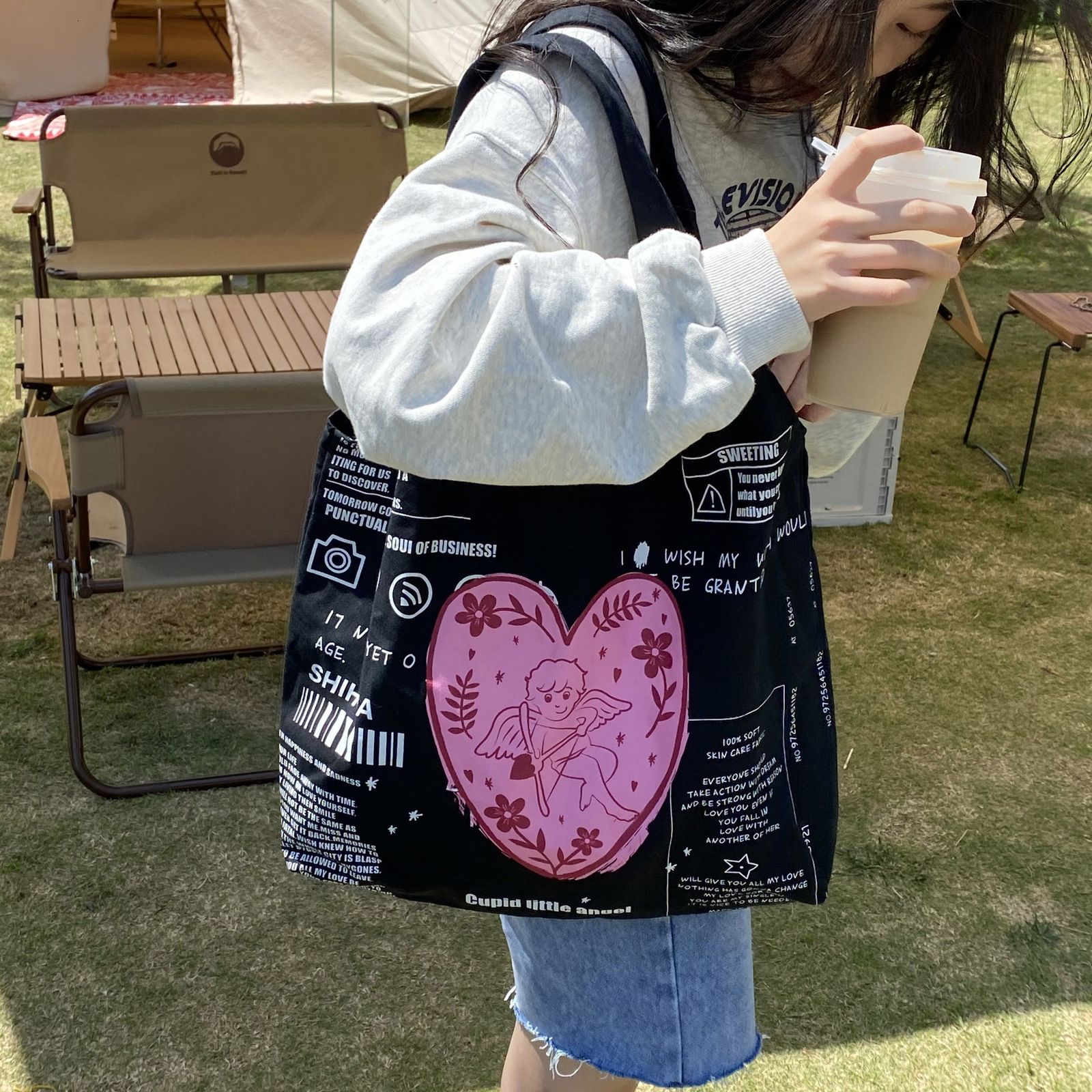 Evening Bags Cupid Women's Canvas Shoulder Bag Girls' Cotton Canvas Shopping Bag Eco Handbag Students' School Bag Women's Large Gr